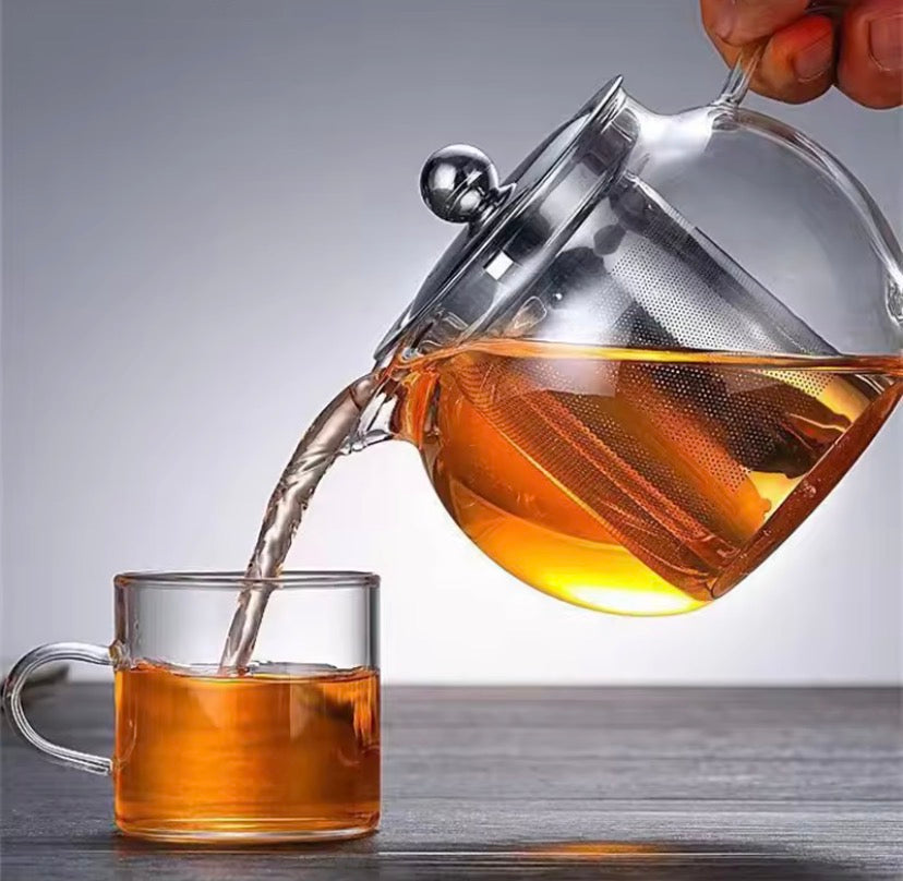 Glass Teapot with Stainless Steel Infuser, Double Wall Glass Tea Infuser Pot, Round Glass Tea Brewing Pot, Transparent Glass Tea Kettle