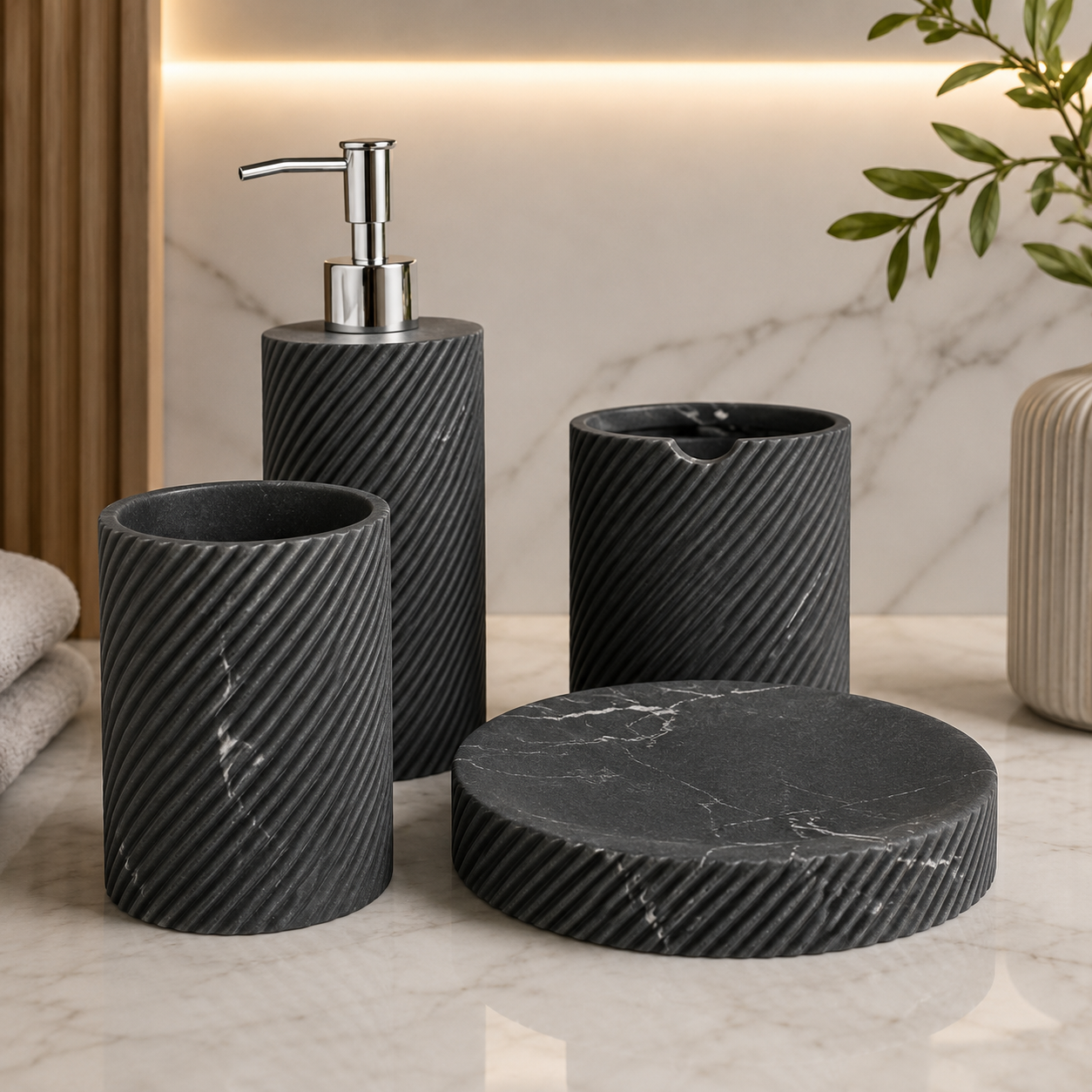 Luxury Marble Bathroom Accessory Set, Nordic Bathroom Organizer Set, Premium 4pcs Bathroom Set, Elegant Bathroom Essentials Set