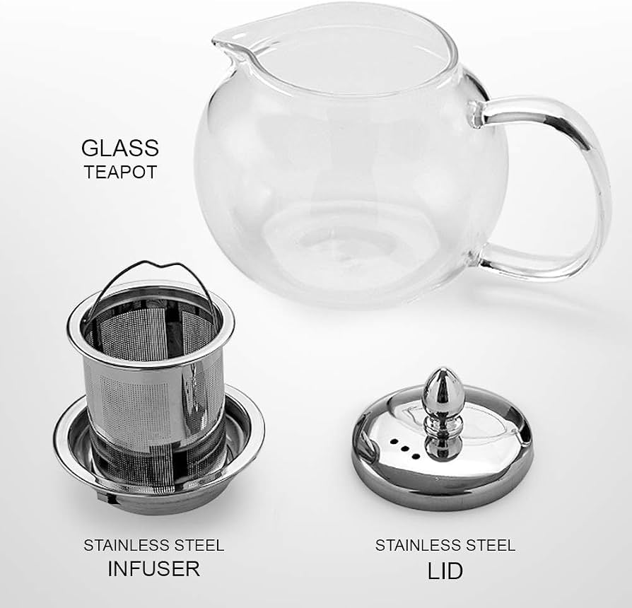 Glass Teapot with Stainless Steel Infuser, Double Wall Glass Tea Infuser Pot, Round Glass Tea Brewing Pot, Transparent Glass Tea Kettle
