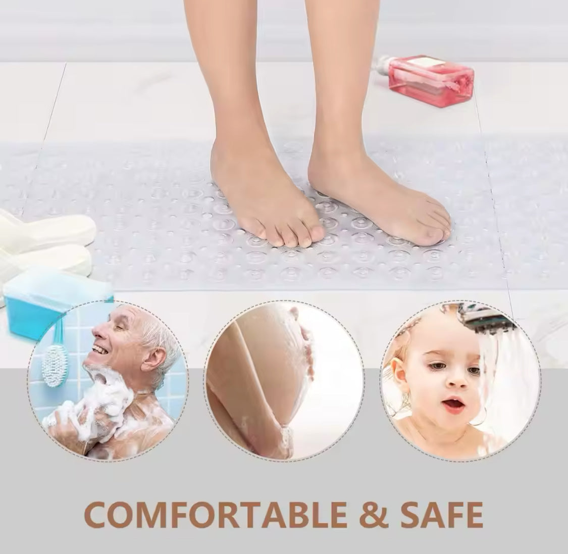 Rectangle PVC Anti Skid Bath Mat, Soft Shower Bathroom Mat, Suction Cup Non Slip Bathtub Carpet