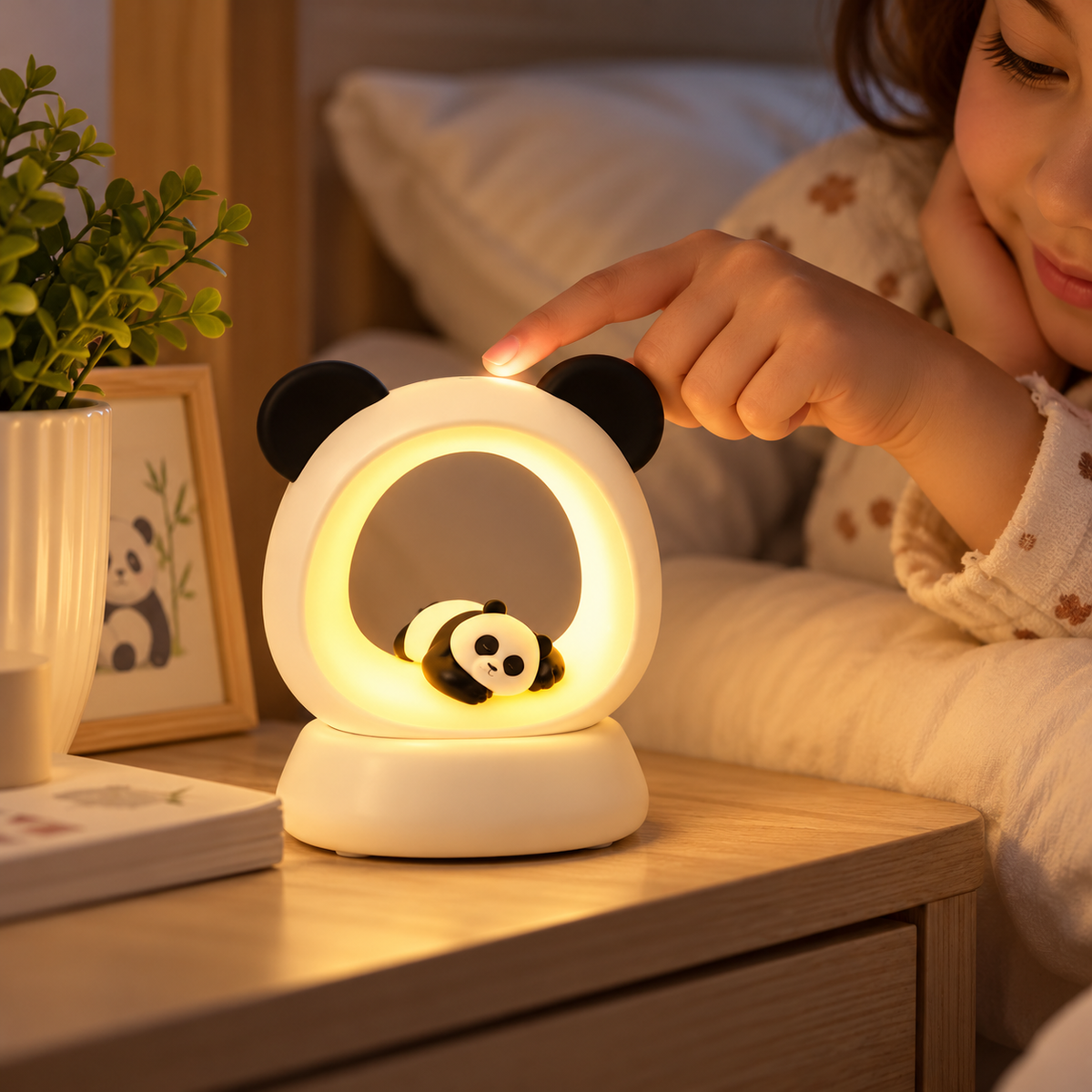 Cute Panda LED Night Light with Warm Glow, Panda Shaped Ambient LED Bedside Lamp, Panda Ring LED Night Lamp with Warm Light