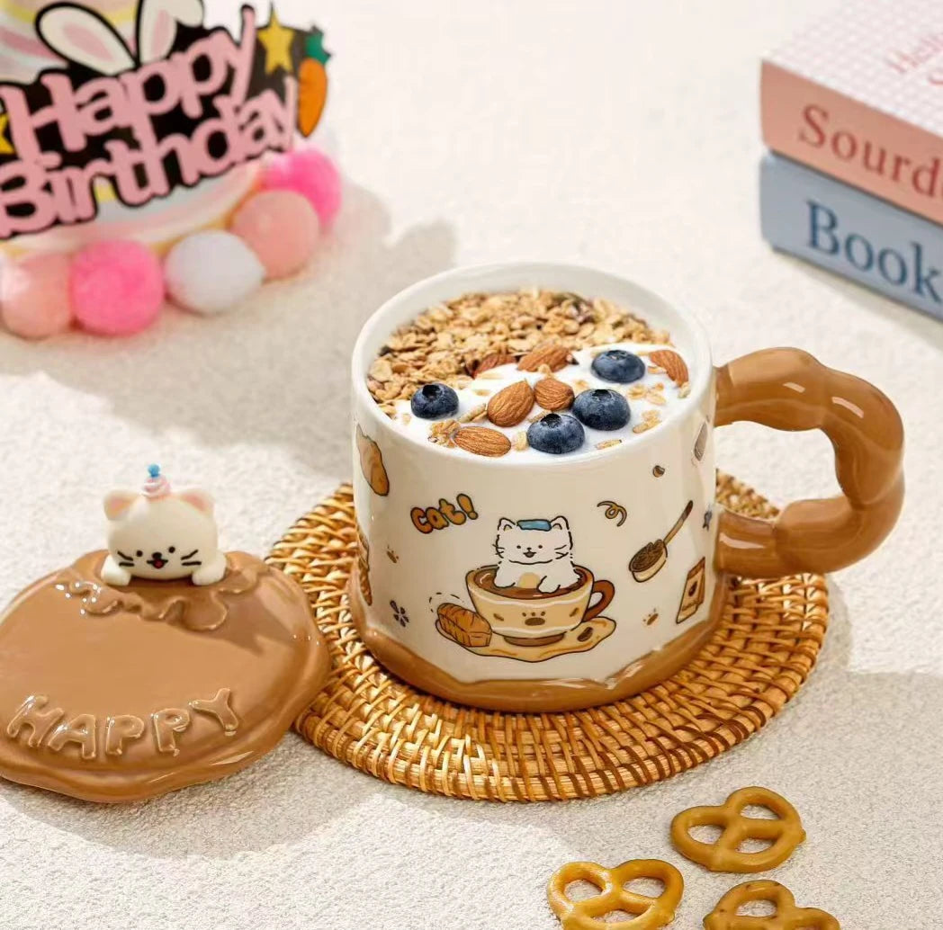 Cute Ceramic Mug With Cat Lid, Cartoon Animal Shape Tea Cup, Puppy Kitten Coffee Cup, Household Breakfast Juice Tea Cute Mug (1 Pc)
