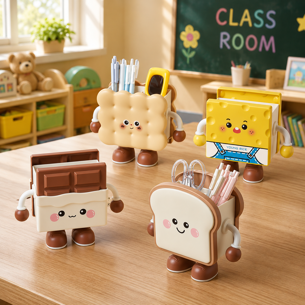 Kawaii Snack Desk Organizer, Cute Character Pen Holder, Kids Study Desk Organizer, Cute School Supplies Organizer