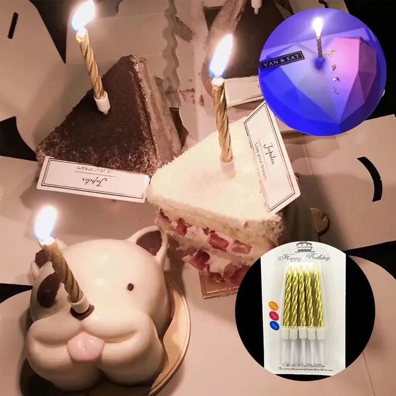 Set Of 8 Thread Color Birthday Candles With Candles, Cake Candle With Holder, Party Supplies Short Thin Metallic Color Candles