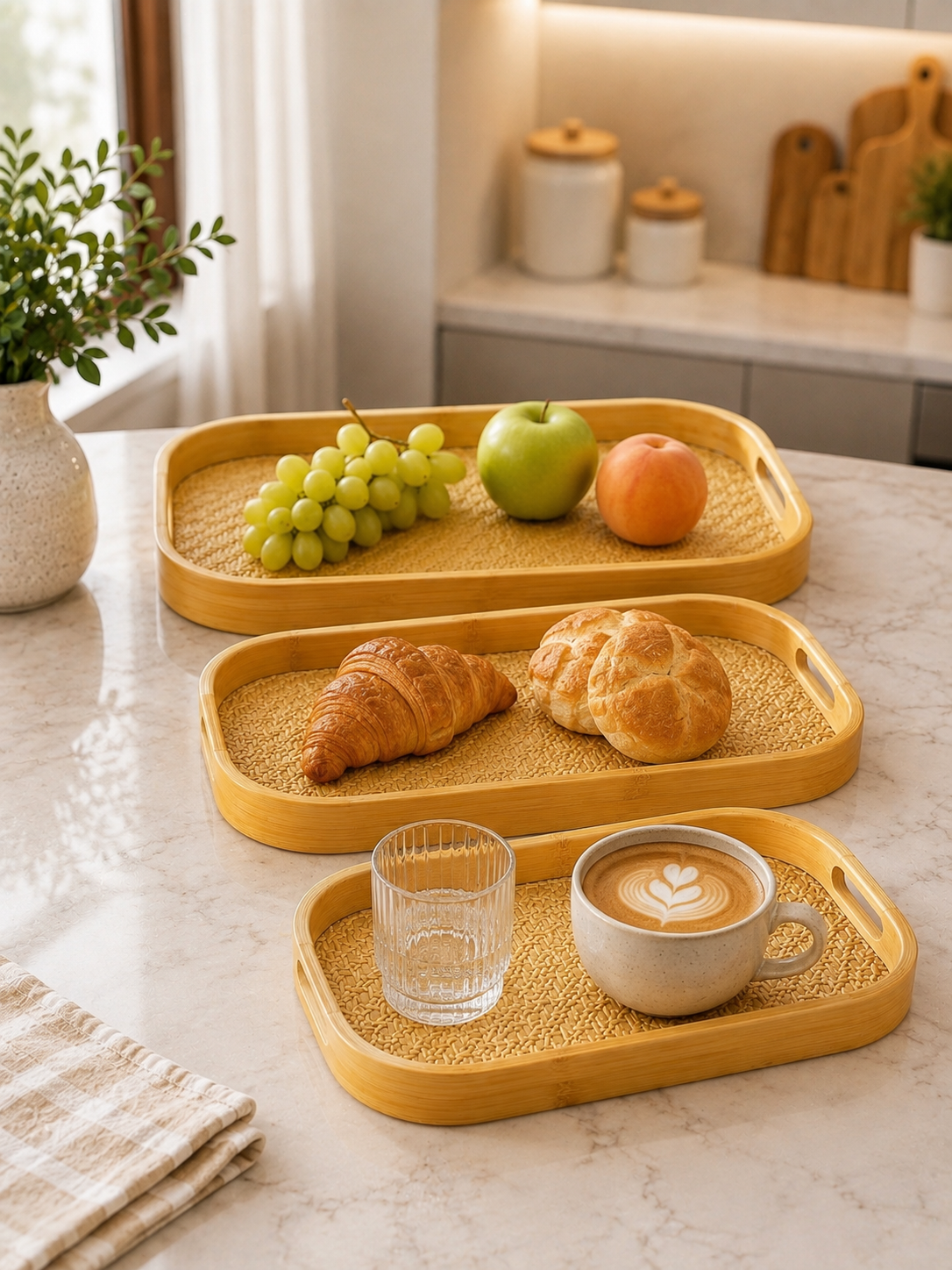3pcs Bamboo Serving Tray Set, Bamboo Serving & Display Tray Set, Woven Design Bamboo Serving Trays, Natural Bamboo Breakfast & Serving Tray Set