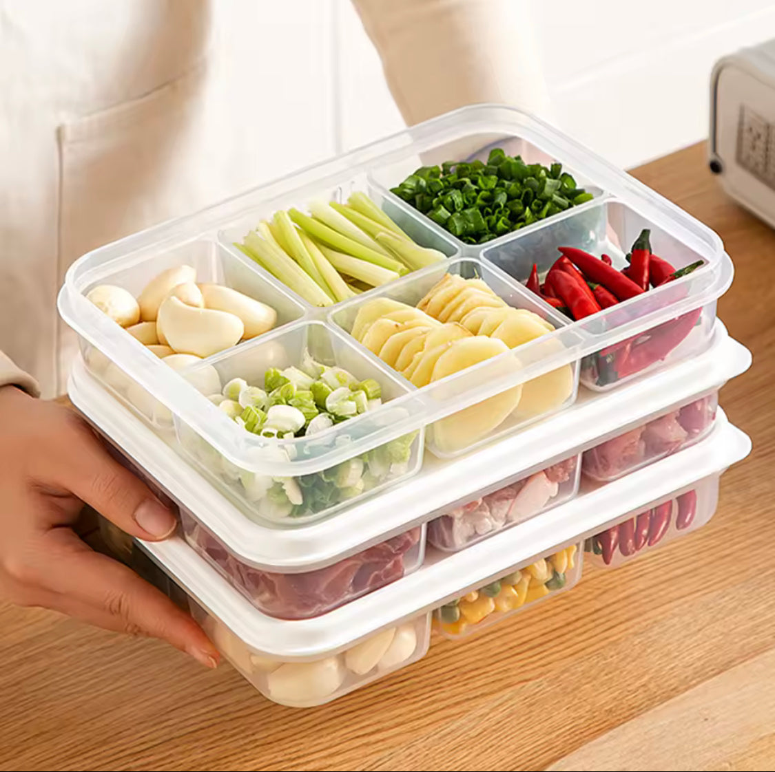 6 Compartment Meat Container Box, Fresh Grid Food Container, Refrigerator Frozen Food Storage Box, Reusable Meat Grid Box