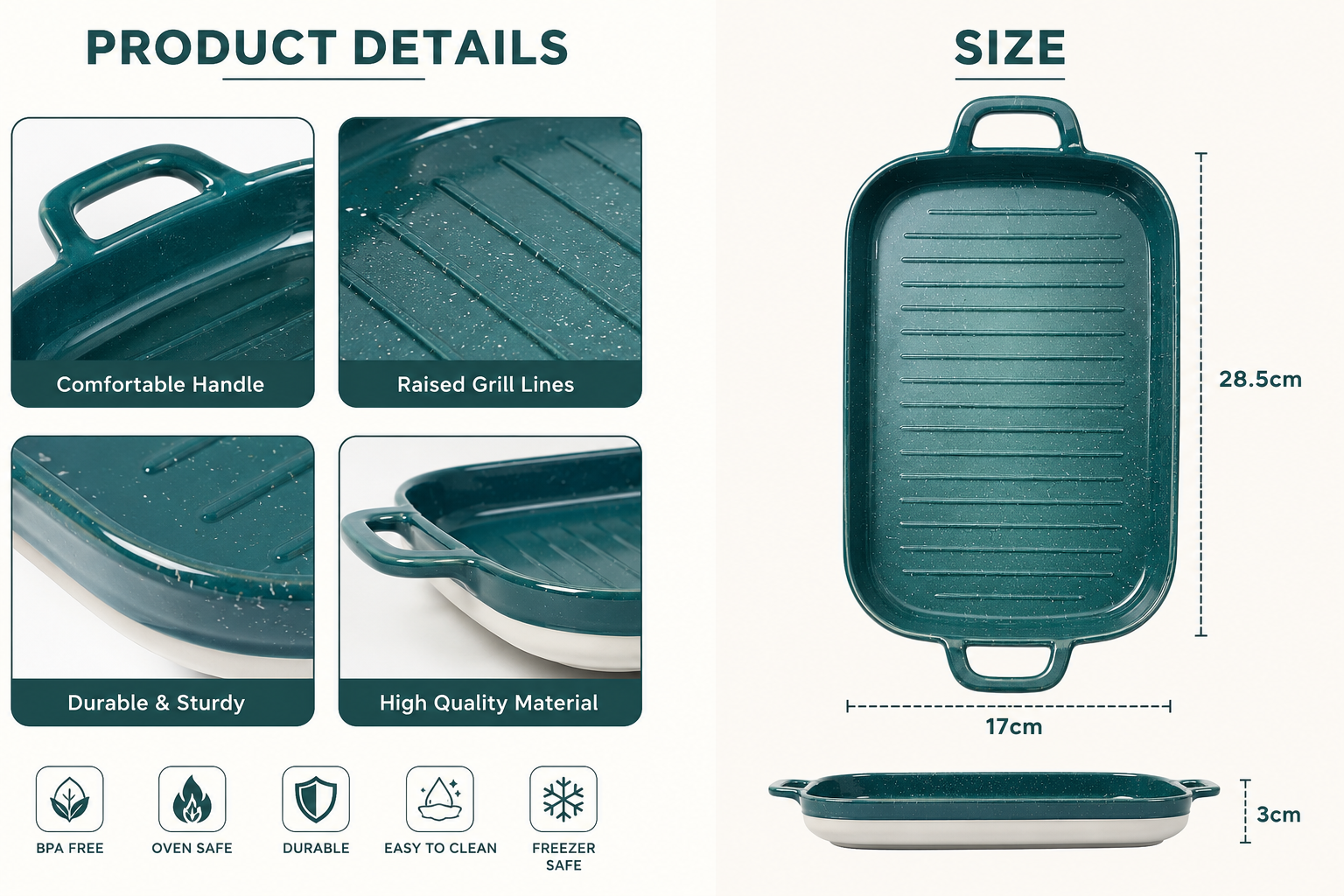 Non Stick Ceramic Roasting And Baking Tray, Deep Ceramic Baking Dish with Side Handles, Heavy Duty Ceramic Baking Tray with Raised Grill Ridges