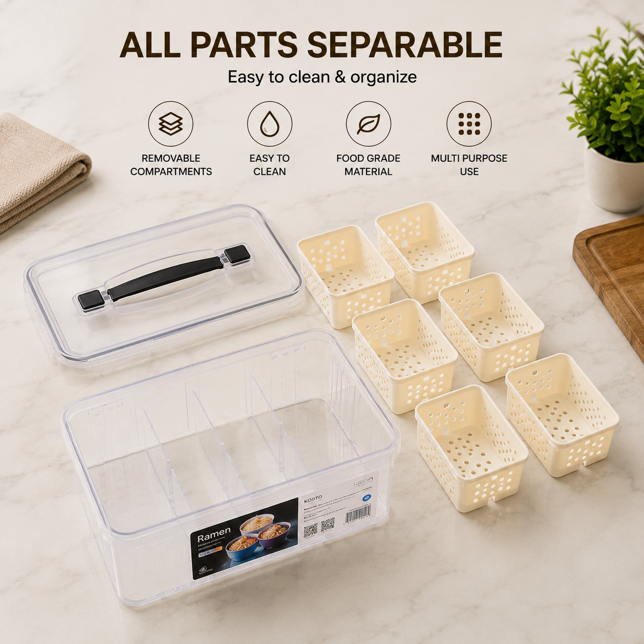 Multi Compartment Food Storage Box, 6 Compartments Food Storage Organizer Box, Kitchen Food Storage Container with Lid