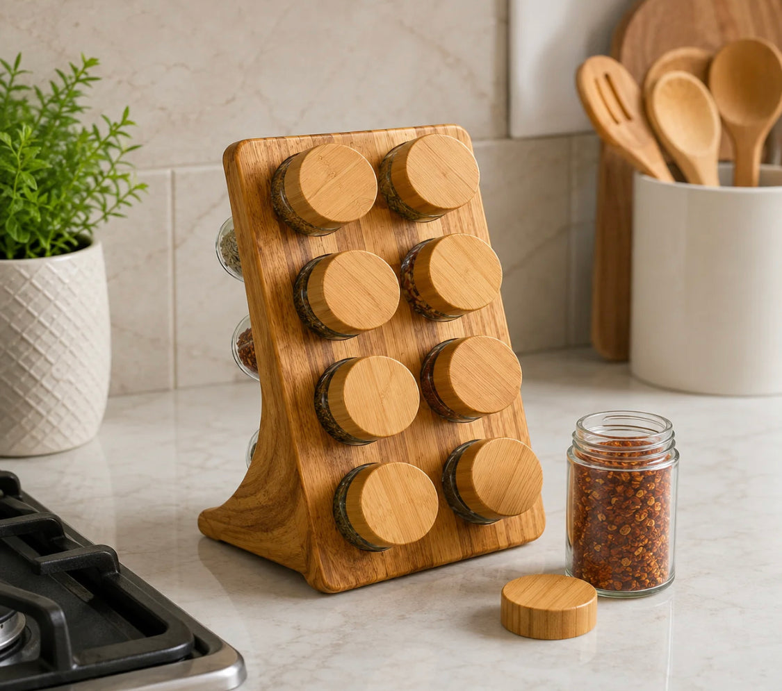 Hexagonal Bamboo Spice Rack With 8 Jars, Bamboo Spice Organizer, Wooden Masala Box with Glass Jars