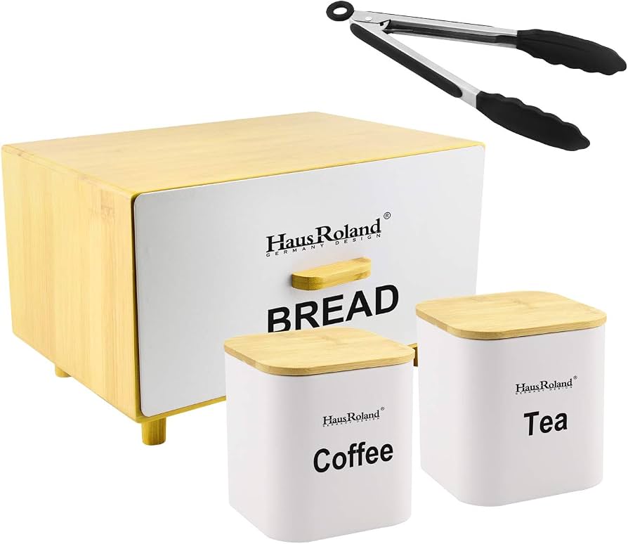 Wooden Bread Box And Tea Coffee Storage Set, Multipurpose Bread Storage Canister Set, Kitchen Bread Box Storage Set, Kitchen Counter Bread Box Organizer