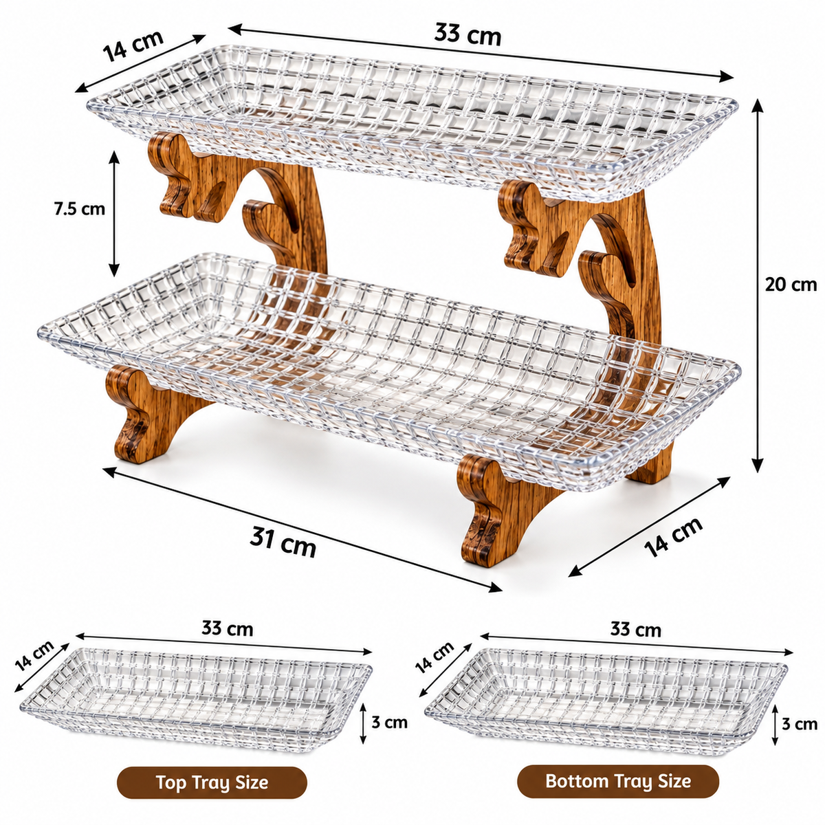 2 Tier Glass Serving Tray with Wooden Stand, Luxury Glass & Wooden Serving Stand, Premium Glass Dessert Display Stand