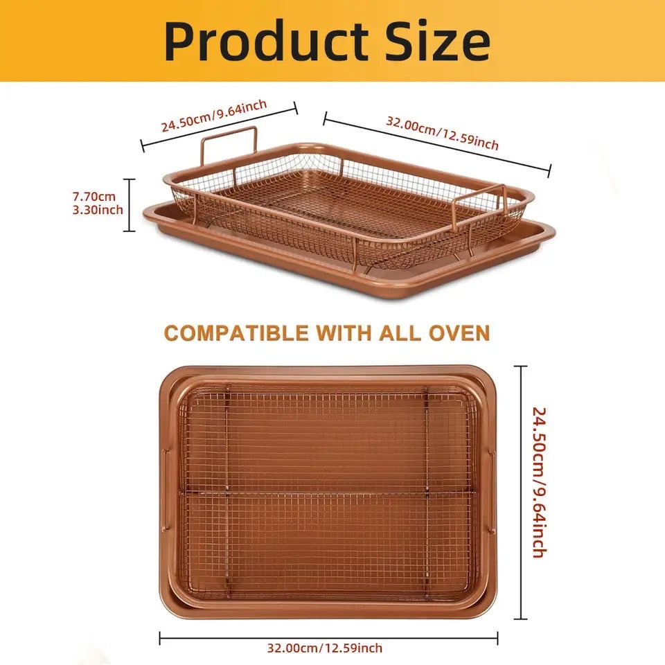 Set Of 2 Pcs Air Fryer Tray, Double Non Stick Crisper Tray, Multifunction Roasting Frying Basket, Heat Resistance Oven Grill Pan Basket, Cooling Grill Pan Plate With Handles