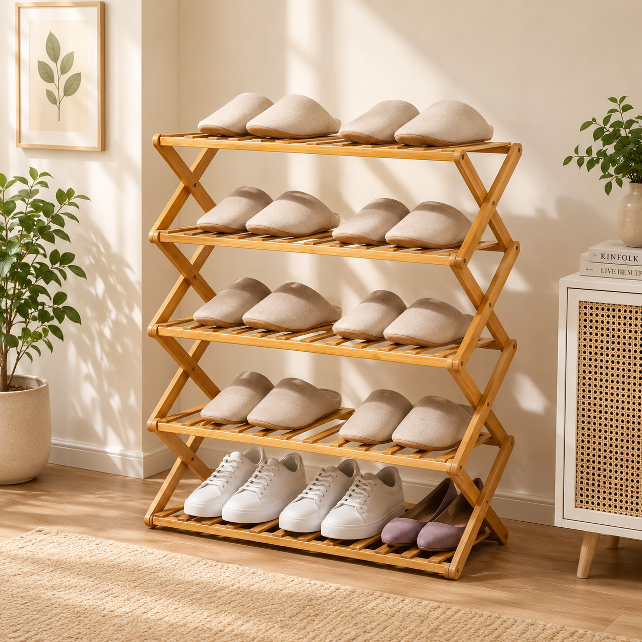 Bamboo X-Fold Shoe Stand, Premium Foldable Bamboo Shoe Rack, Smart Fold Shoe Organizer, Natural Bamboo Folding Shoe Stand