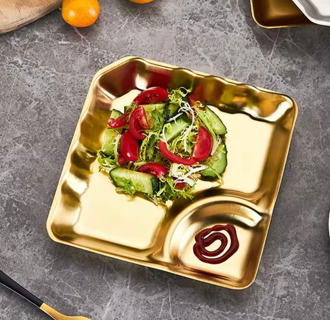 Stainless Steel Dumpling Plate With Dipping Saucer, Two Compartment Serving Platters, , Kitchen Gadgets