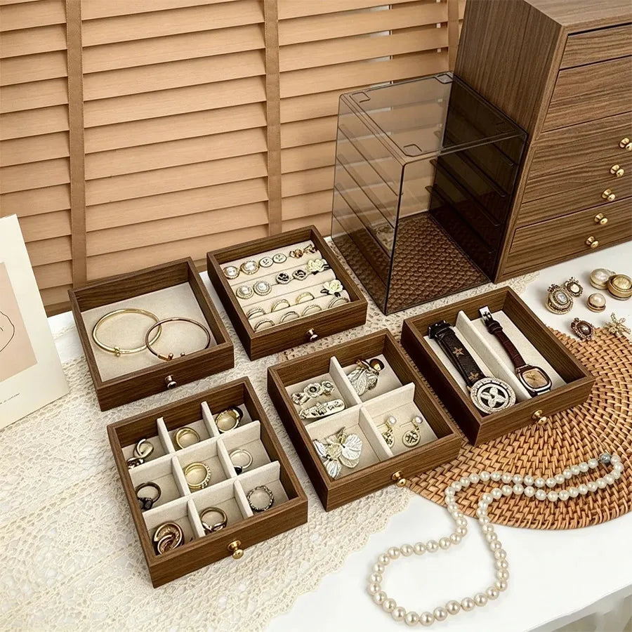 5 Tier Wooden Jewelry Organizer Box with Drawers, Transparent Acrylic and Wood Jewelry Storage Box, Multi Tier Jewelry Organizer Cabinet for Women