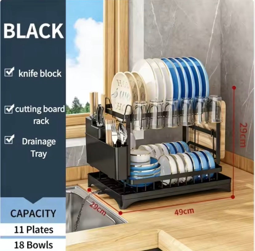 Premium 2 Tier Dish Drying Rack, Space Saving Dish Drying Stand, Countertop Dish Rack With Drainage Tray