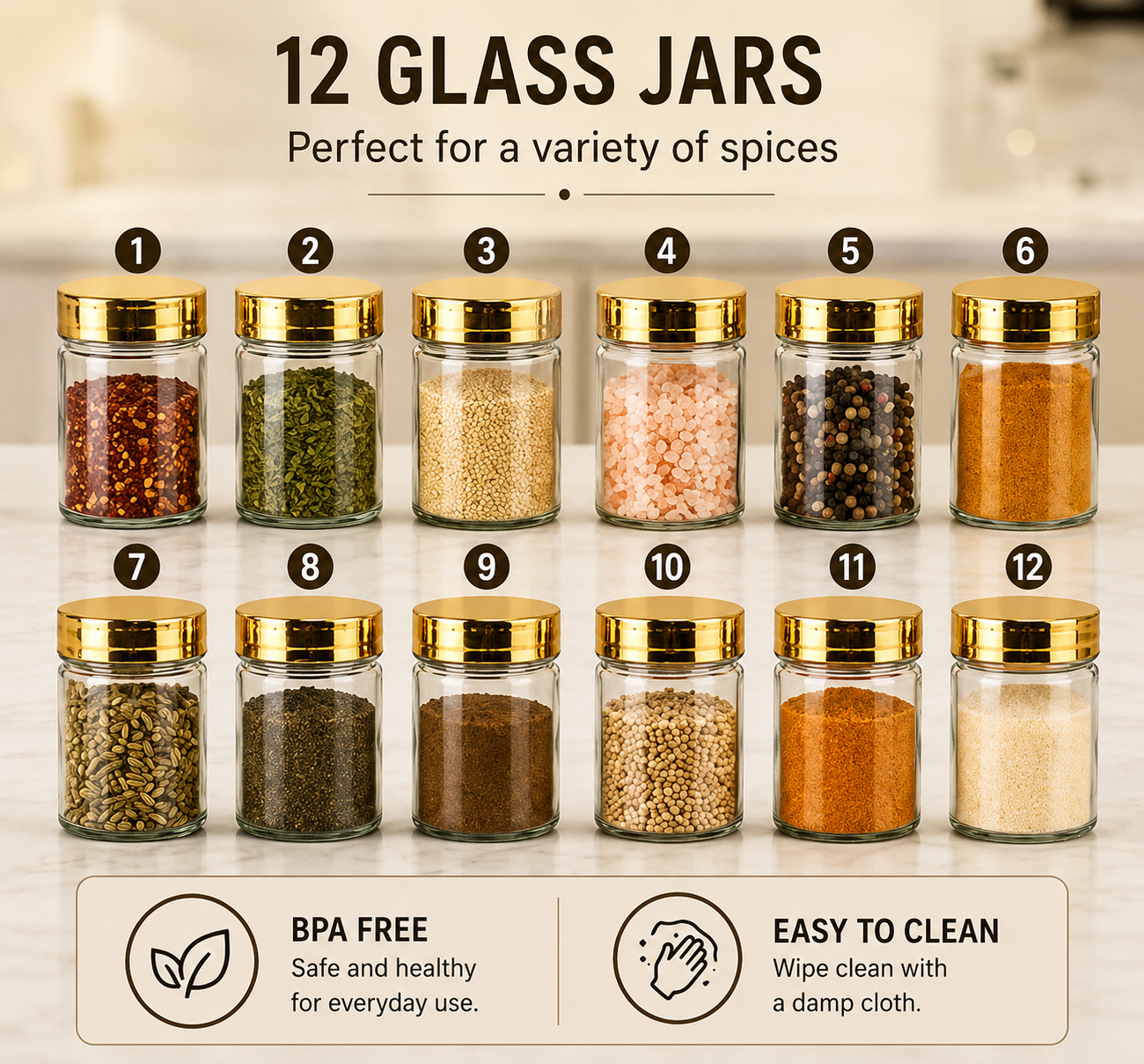 Space Saving 360° Spice Carousel Organizer, Revolving Spice Rack, Countertop Spice Rack with 12 Glass Jars, Modern Spice Display Stand, Kitchen Essentials Spice Organizer