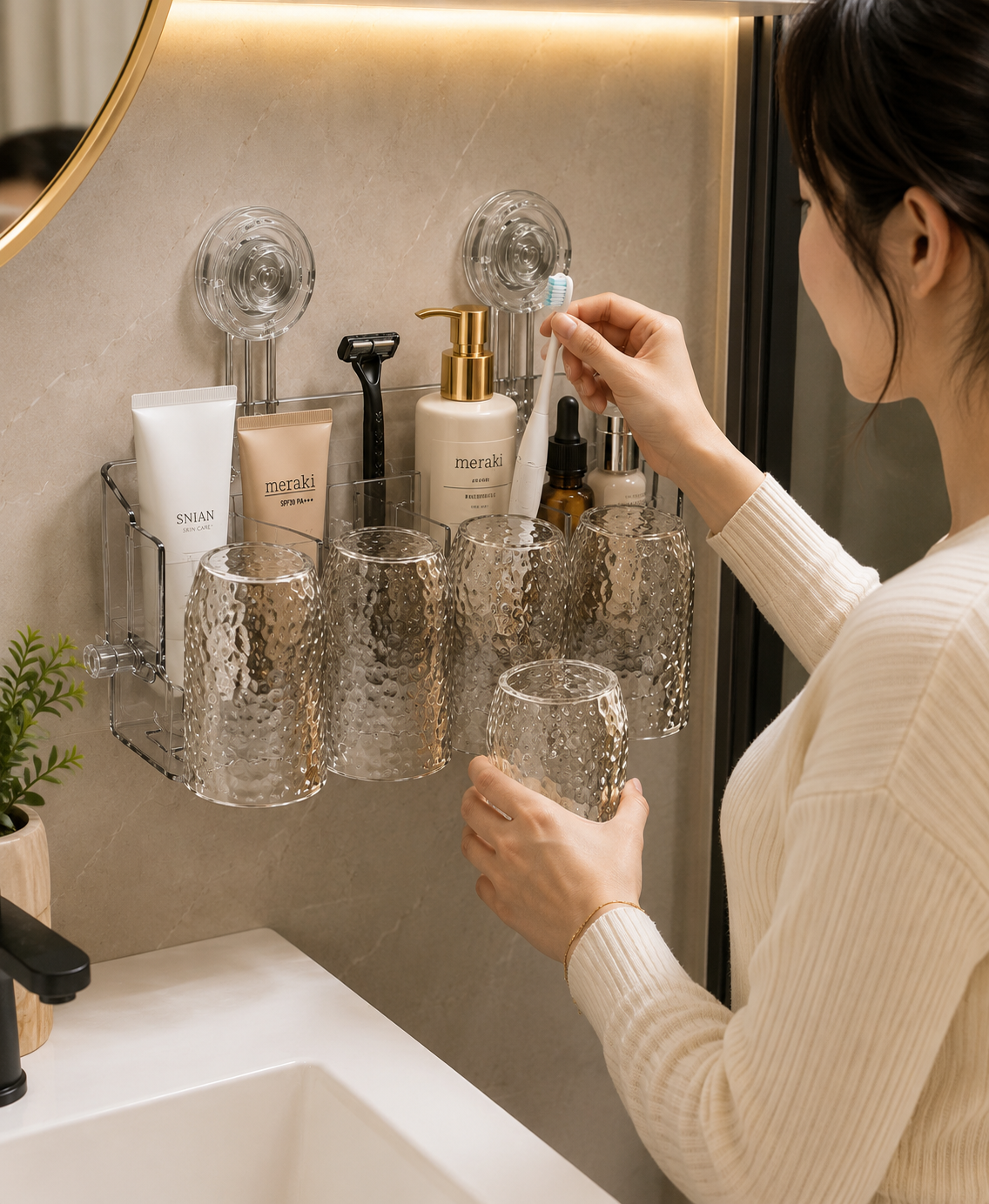 4 in 1 Wall Mounted Toothbrush Holder, Luxury Bathroom Storage And Cup Holder, Bathroom Essentials Wall Organizer