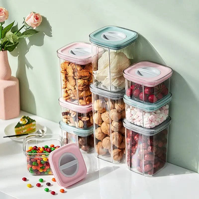 Spiral Button Sealed Container, Plastic Food Storage Container, Kitchen Organizer Jars Box, Multi Capacity Grain Storage Box, Kitchen Snacks Dry Plastic Fresh Keeping Tank, Acrylic Condiment Seasoning Set