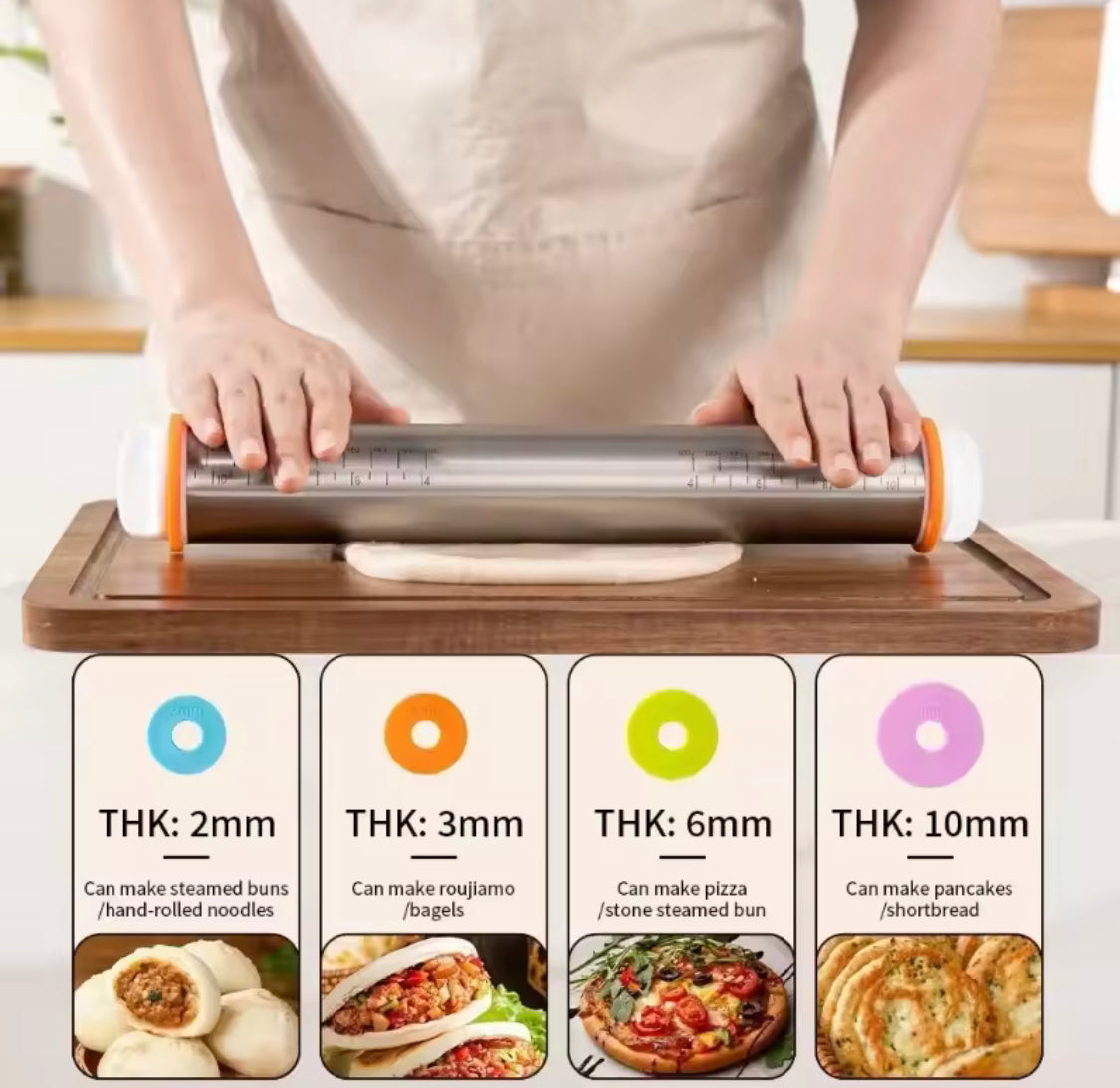 Adjustable Rolling Dough Roller, Removable Ring Dough Mat, Detachable Stainless Steel Rings Dough Roller, Kitchen Roti Belan