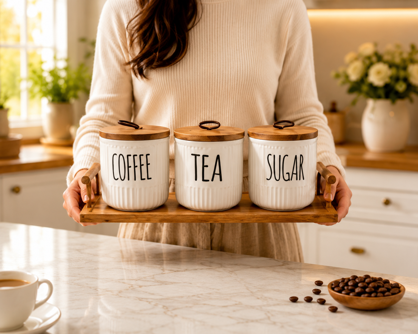 3pcs Ceramic Coffee Tea Sugar Pot Set, Elegant Ceramic Canister Set with Wooden Tray, Classic Ribbed Kitchen Jar Set