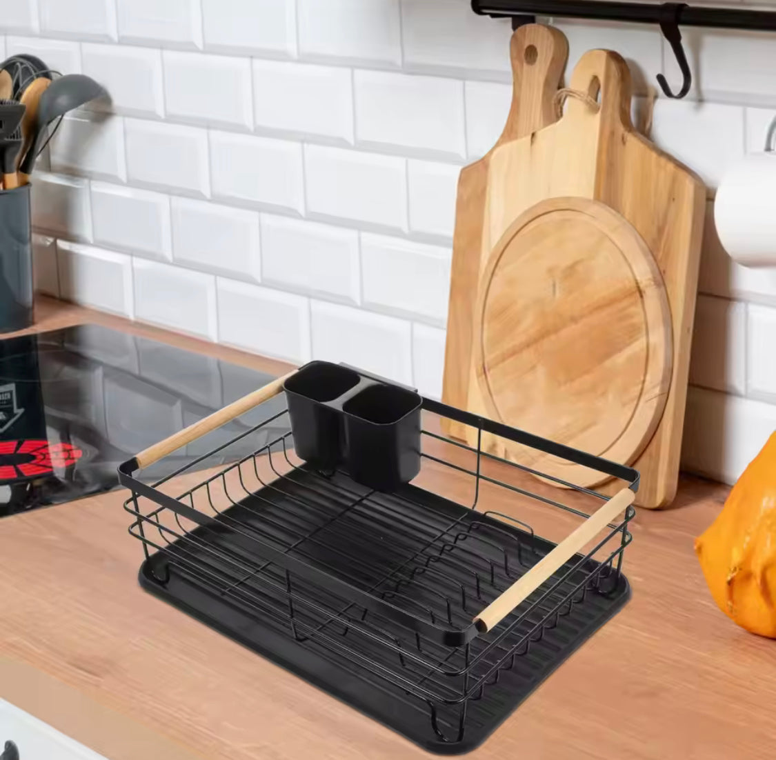 Stainless Steel Kitchen Dish Storage Rack, Wooden Handle Dish Storage Holder, Chopsticks And Utensils Holder