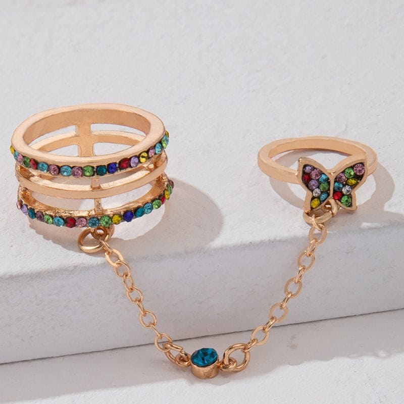 Double Finger Butterfly Chain Ring, Tassel Butterfly Cross Punk Ring Jewellery, Butterfly Cross Punk Ring, Elegant Tassel Butterfly Chain Ring