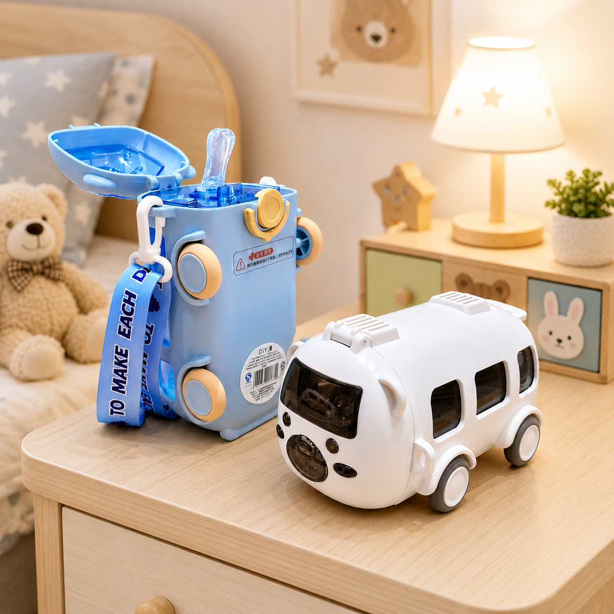 Cute Bus Shape Kids Water Bottle, Portable Bus Shape Water Bottle, Cute Travel Bus Kids Bottle, Bus Style Kids Water Bottle With Strap