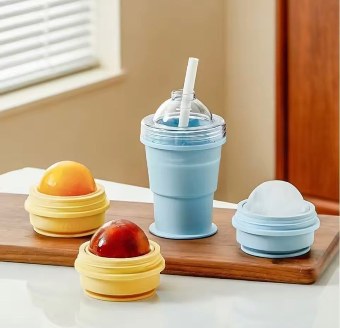 2 In 1 Collapsible Silicone Ice Ball Cup, Reusable Portable Ice Sphere Mold with Straw Lid, Portable Ice Ball Cup