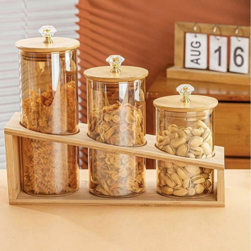 Set Of 3 Elegant Canister Set, Glass Jar Set With Wooden Stand, Airtight Dry Food Glass Jar With Bamboo Lid