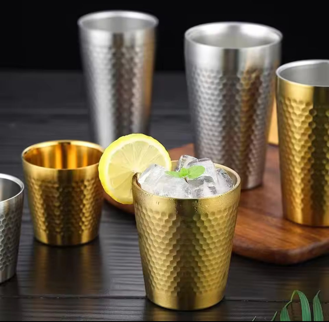 Stainless Steel Hammered Texture Glass, Double Wall Bevarage Glass, Drinkware Party Glass