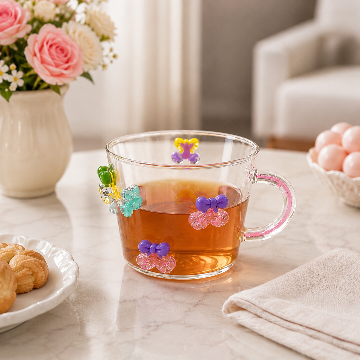 3D Bow Crystal Charm Glass Cup, Aesthetic Bow Crystal Drop Glass Mug, Cute Bow & Sparkle Charm Glass Cup, Kawaii Bow Transparent Glass Cup