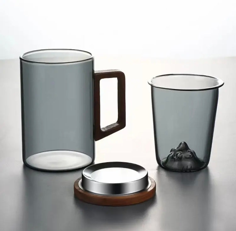 Heat Resistant High Borosilicate Glass Tea Cup, Water Separation Tea Cup With Wooden Lid, Large Capacity Inner Pot Tea Cup