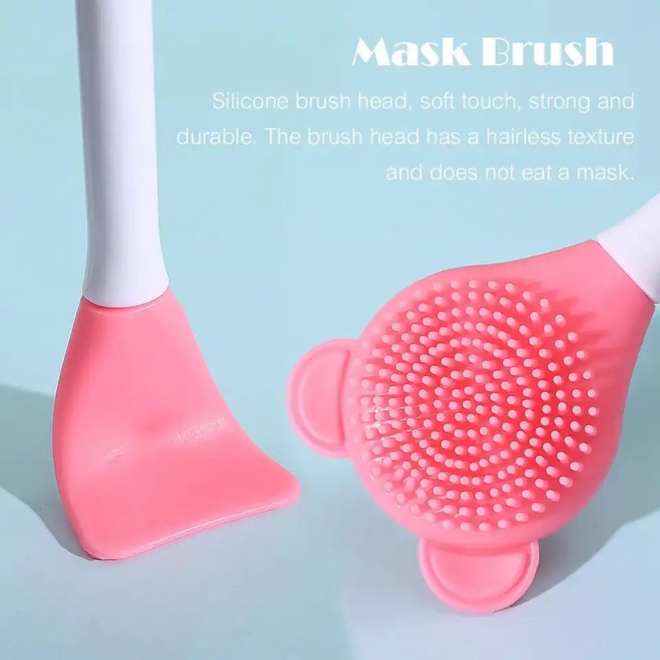 Bear Double Head Face Brush, Silicone Mud Film Facial Brush, Multifunctional Long Handle Silicone Applicator Women, Face Mask Cream Sticks Brush, Facial Mask Applicator, Makeup Removal Scrubber, Portable Salon Spa Facial Cleansing Brush