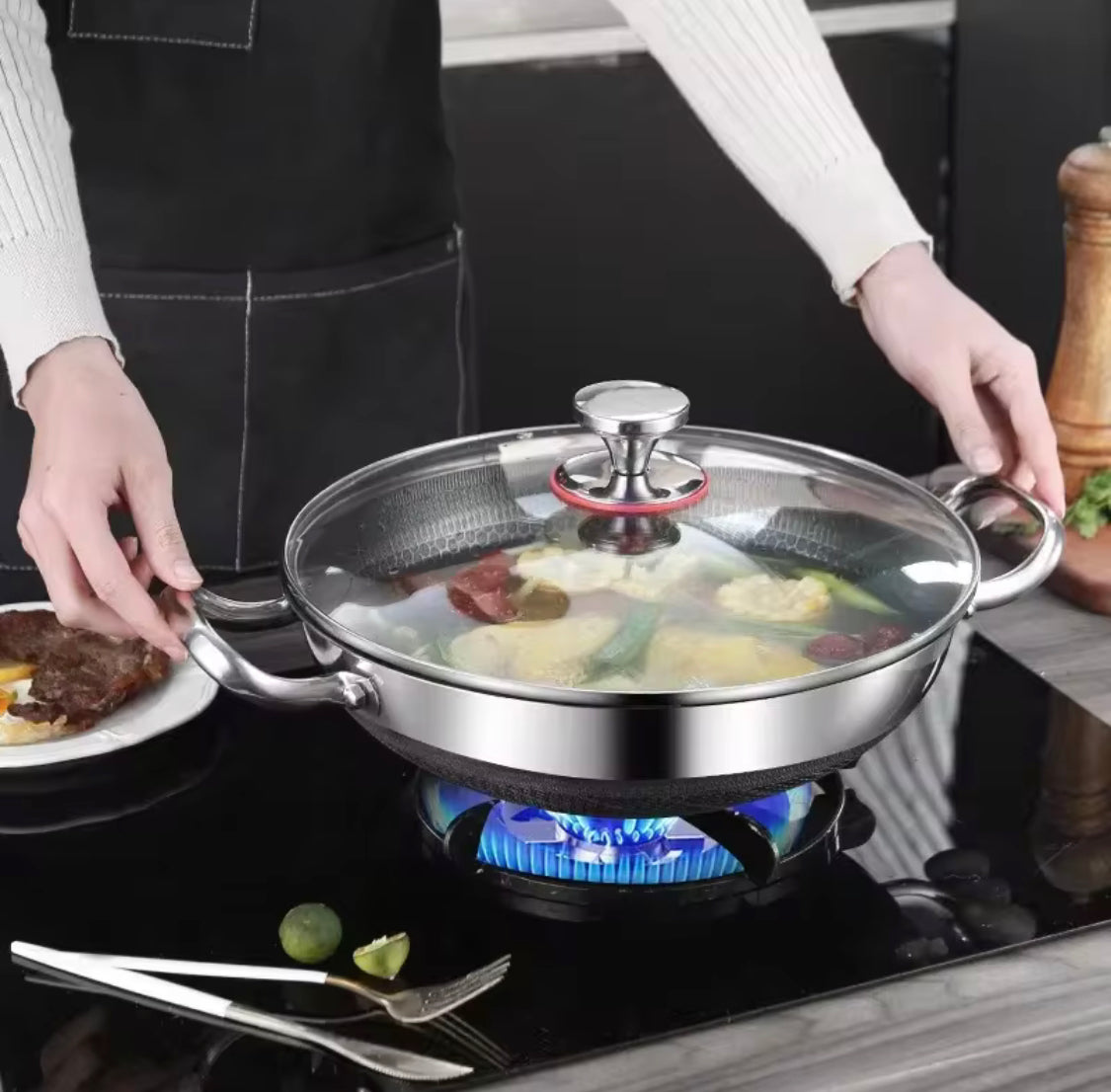 Double Ear Soup Pot With Glass Lid, Stainless Steel Food Grade Non Stick Honeycomb Pot, Universal Soup Pot, Kitchen Gadgets