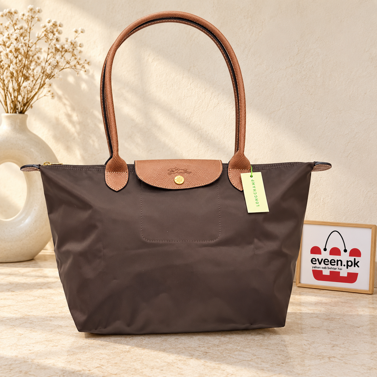 Nylon Tote Bag with Leather Handles, Everyday Shoulder Tote Bag, Large Capacity Tote Bag, Women’s Lightweight Travel Tote Bag