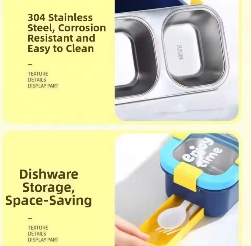 3 Compartments Rectangular Shape Lunch Box, Stainless Steel Kids Thermal Lunch Box, Vacuum Insulated Lunchbox With Spoon And Fork