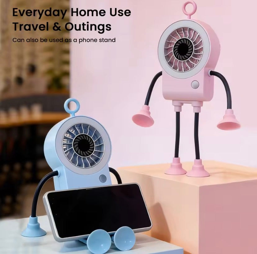Portable Robot Shape Fan with Suction Cup Stand, Rechargeable LED Robot Mini Fan with Suction Cup Legs, Mini Robot Air Circulation Fan, Suction Cup Robot Cooling Fan