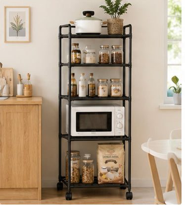 Multi Purpose 5 Tier Storage Shelf with Wheels, Multifunctional Utility Storage Rack, Multi Layers Microwave Oven And Kitchen Organizer