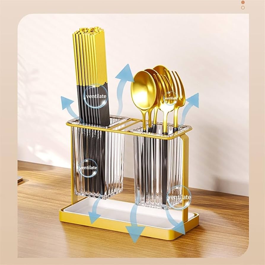 Acrylic Double Cutlery Holder With Metal Stand, Luxury 2 Grid Cutlery Holder, Stylish Cutlery Holder With Metal Stand