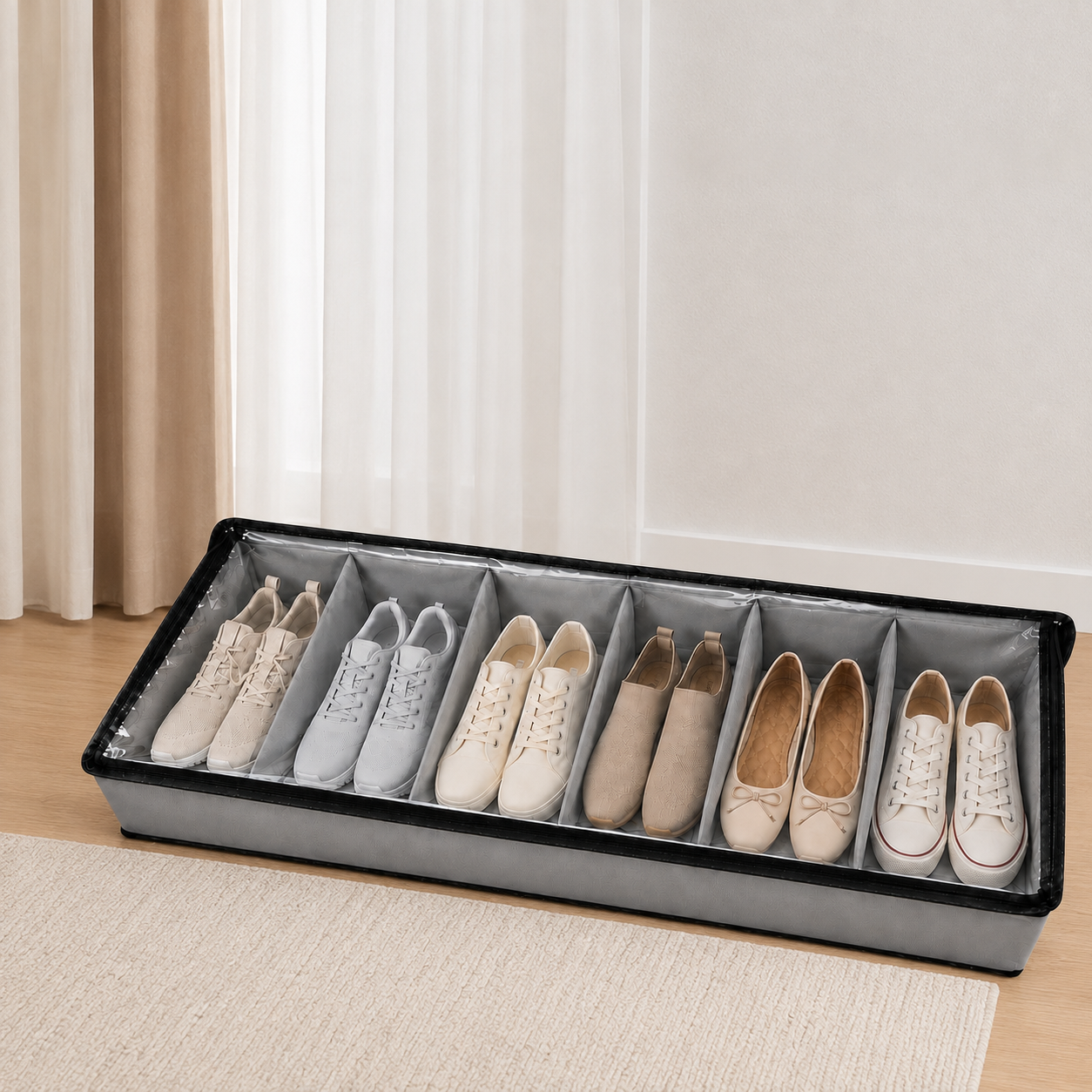 6 Grid Under Bed Shoe Organizer, Dustproof 8 Slot Shoe Storage Box, Multi-Compartment Shoe Organizer With Zipper Cover, Space Saving 12 Grid Shoe Storage Case