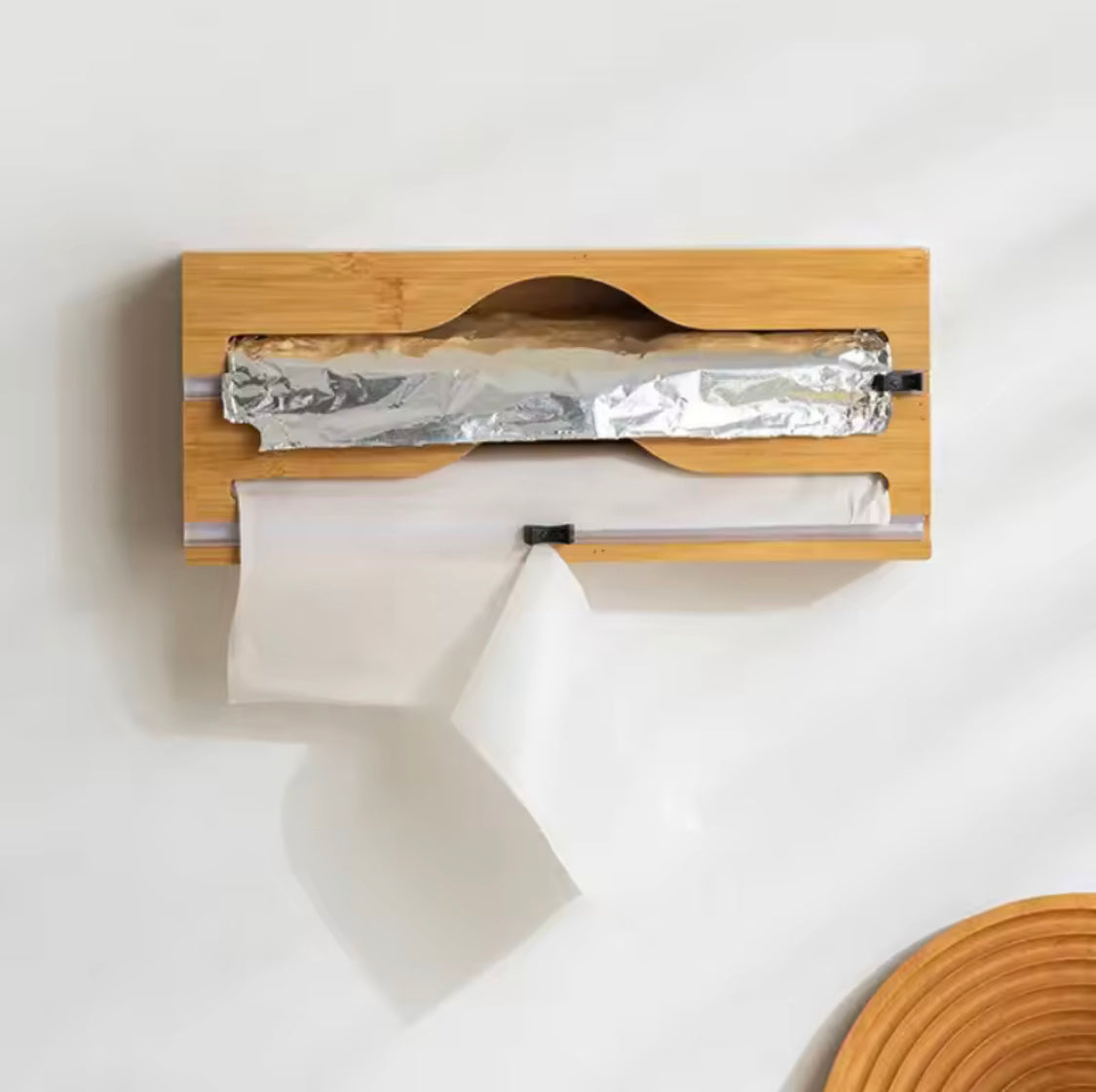 Bamboo Compartment Foil Cutter Box, Plastic Wrap Cutter Holder, Bamboo Plastic Film Cutter, Wall Film Dispenser