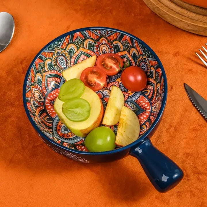 Decorative Ceramic Soup Bowl with Handle, Handcrafted Floral Ceramic Bowl, Colorful Pattern Soup And Ramen Serving Bowl Vintage Floral Ceramic Bowl with Handle