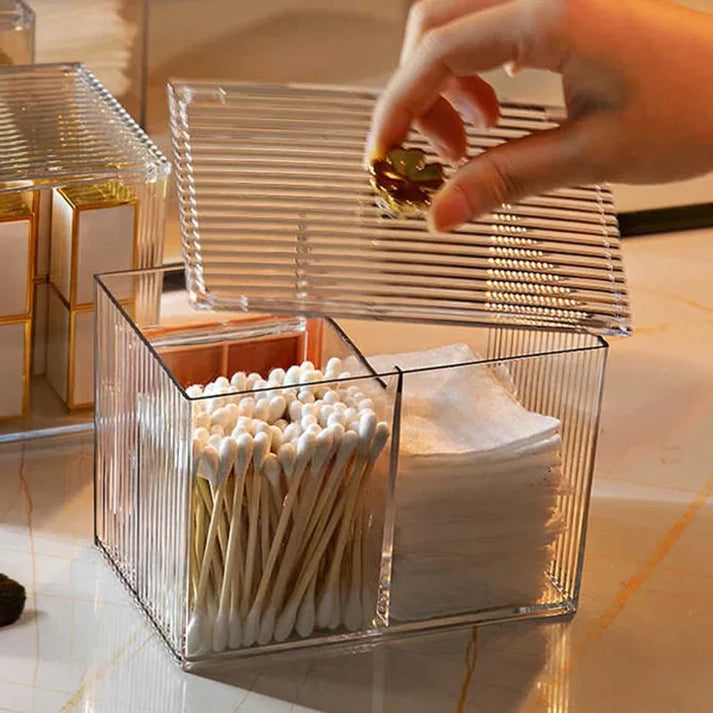 Acrylic Cotton Bud And Makeup Storage Box, Transparent Cosmetic And Cotton Organizer, Vanity Essentials Storage Box