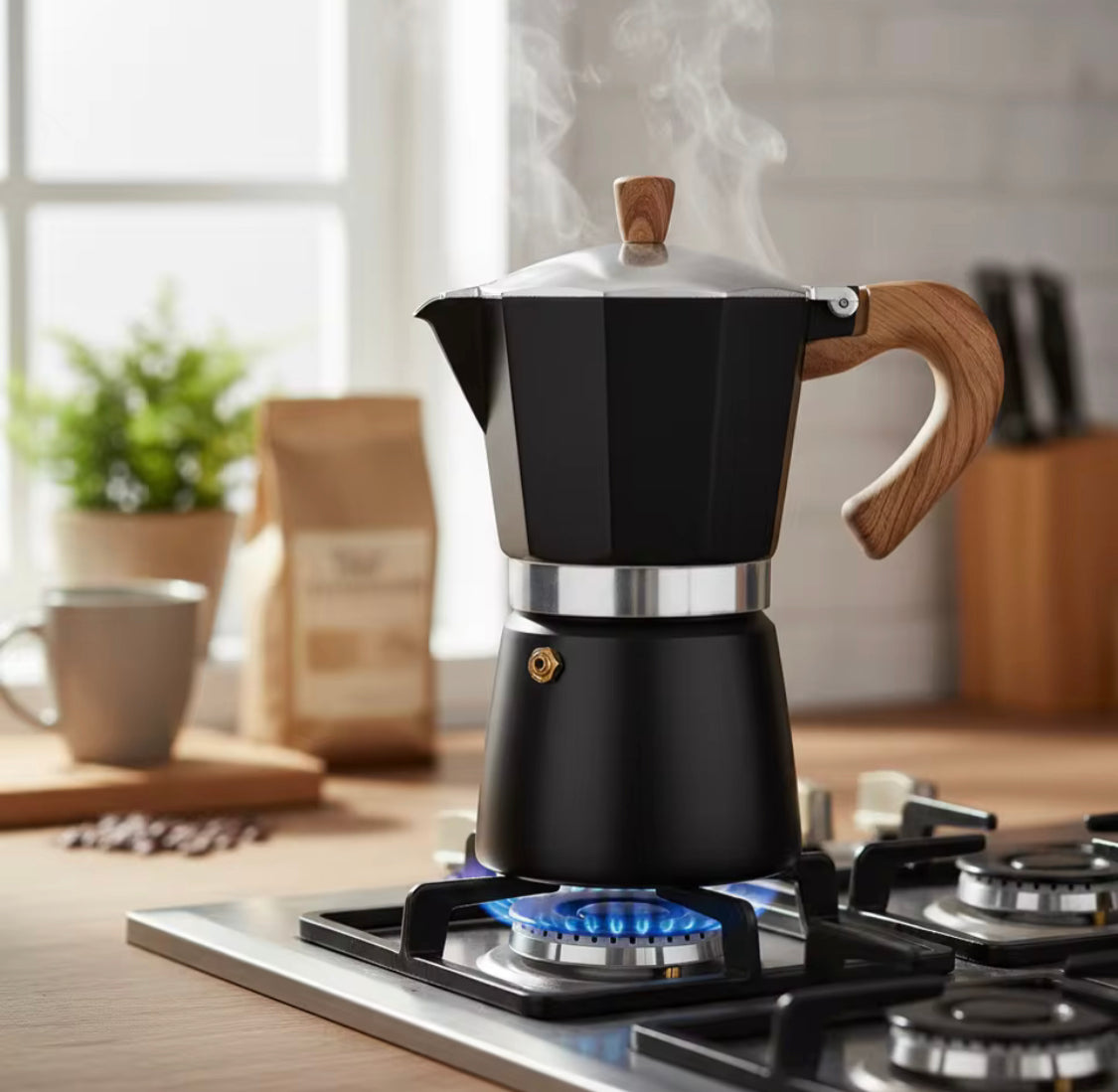 Manual Espresso Coffee Maker With Wooden Handle, Italian Espresso Brewer, Durable Mocha Maker Pot