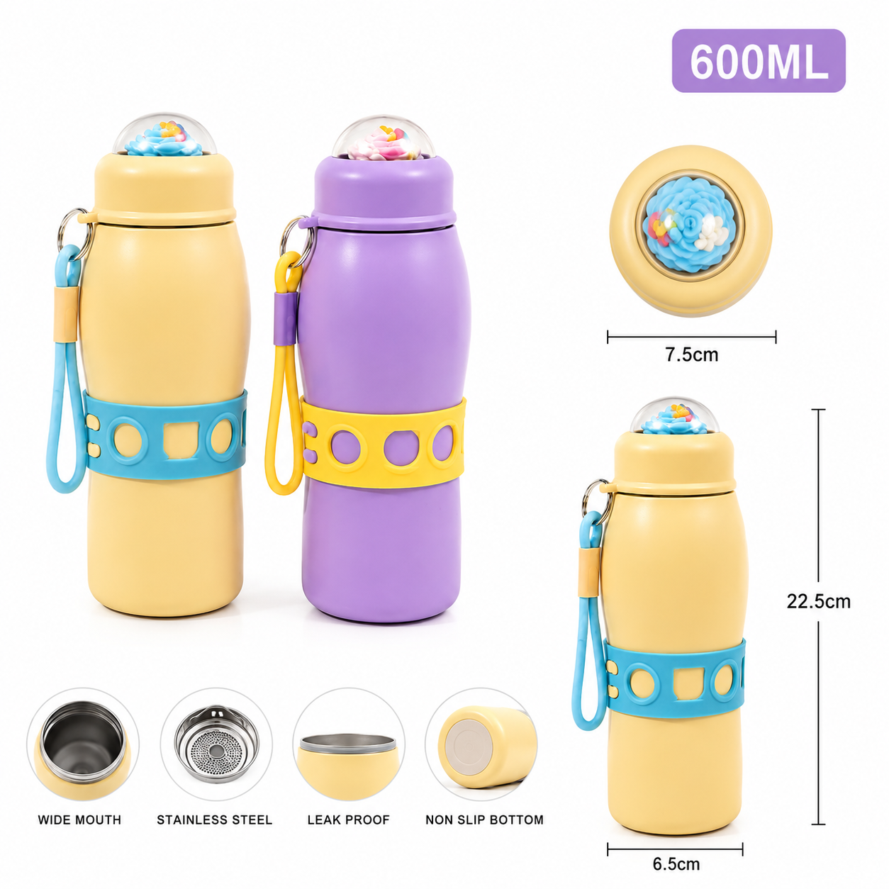 Portable Cute Thermal Bottle, Kids Cute Insulated Bottle, Ice Cream Design Insulated Bottle, 600ml Leakproof Vacuum Flask