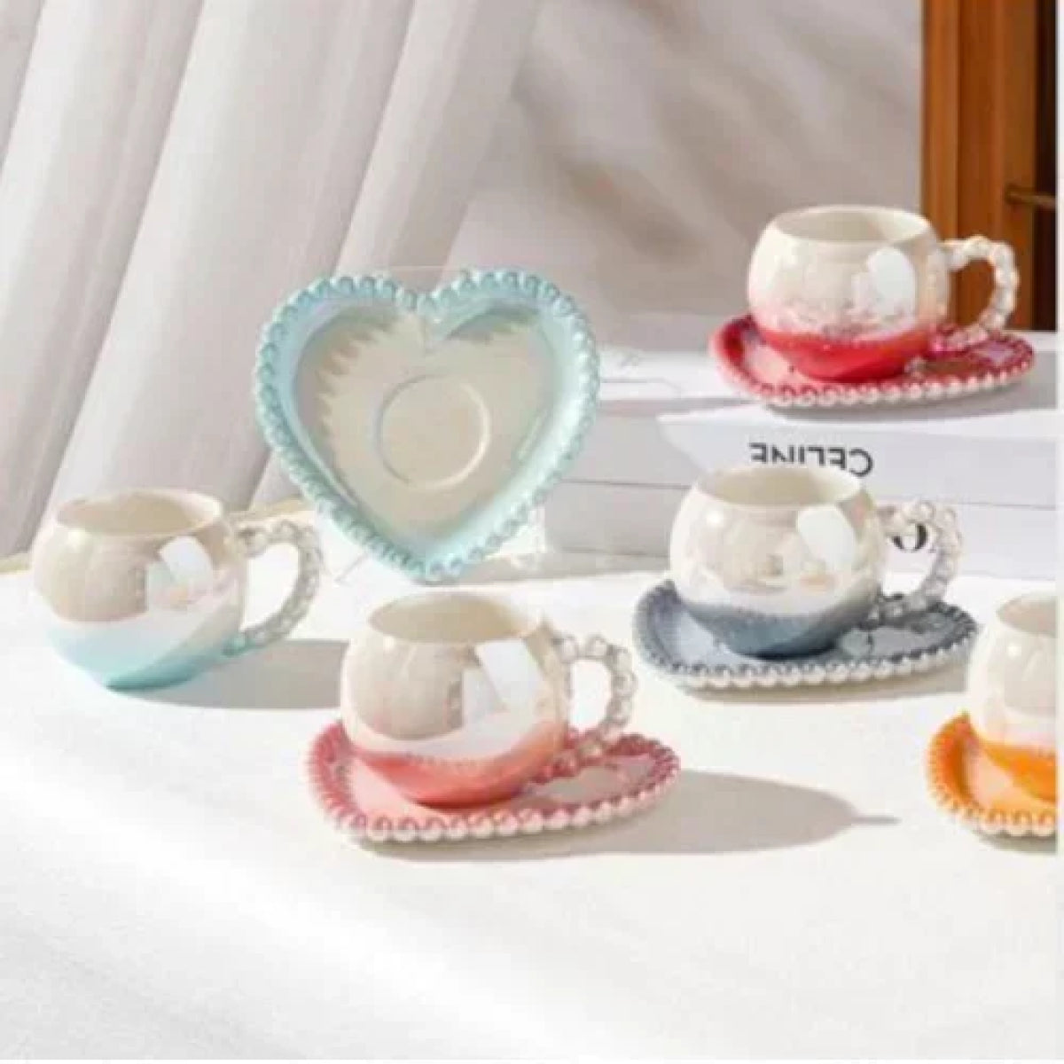Luxury Pearl Handle Tea Cup, Ceramic Iridescent Mug With Heart Shaped Saucer, 1Pc Home Exquisite Coffee Cup With Saucer