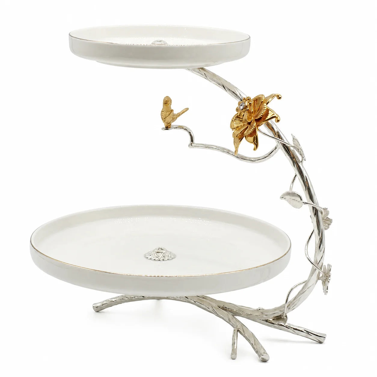 2 Tier Ceramic Cake Stand with Gold Edge, Luxury Two Tier Fruit Stand, Elegant Ceramic Fruit Serving Stand