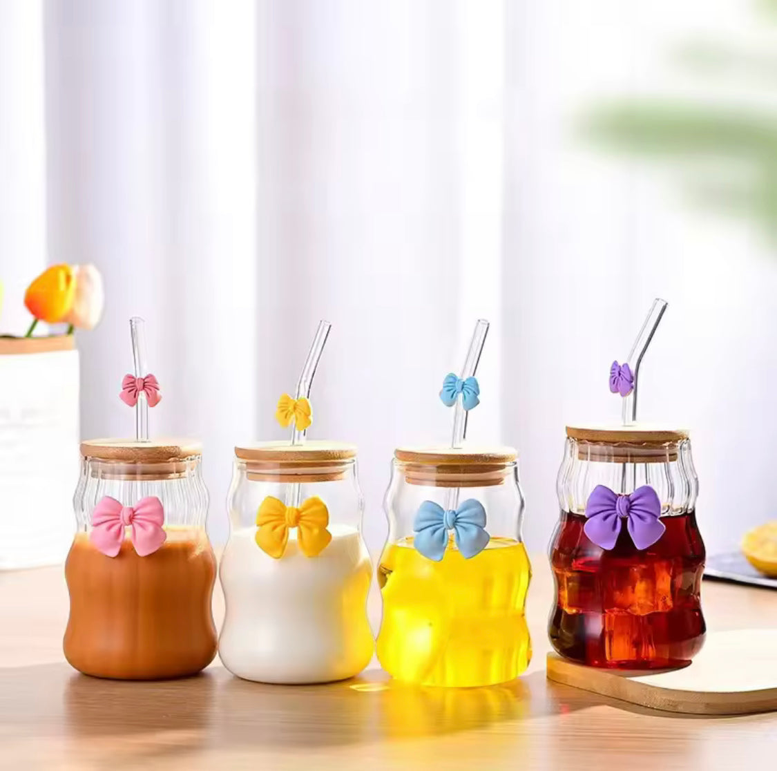 Bow Coffee Glass Mug, High Borosilicate Glass Cloud Cup, Wooden Lid Glass Mug With Straw