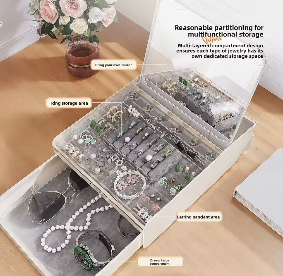 Multi Compartment Jewelry Storage Box with Mirror, Vanity Jewelry Organizer with Drawer & Mirror, Double Layer Jewelry Storage Box